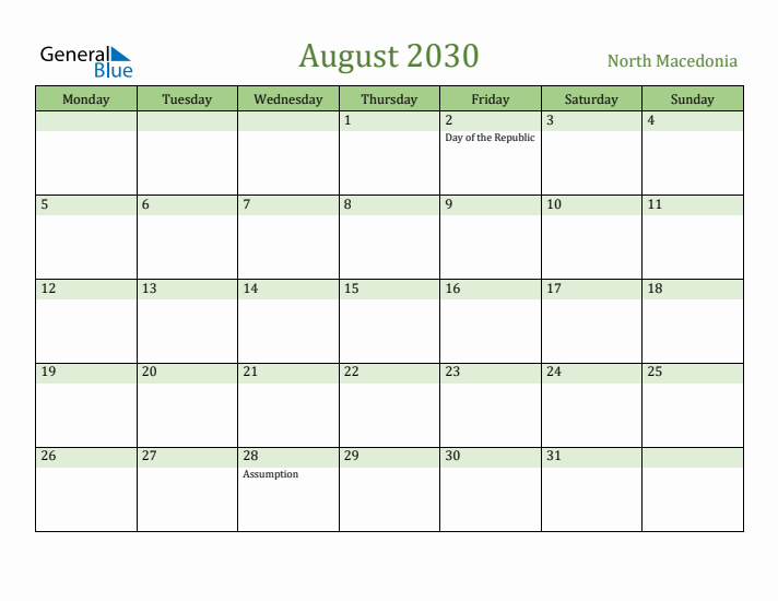 August 2030 Calendar with North Macedonia Holidays
