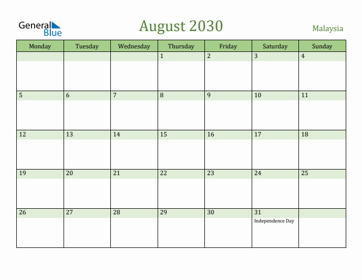 August 2030 Calendar with Malaysia Holidays