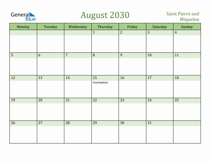 August 2030 Calendar with Saint Pierre and Miquelon Holidays