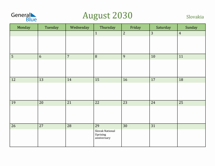 August 2030 Calendar with Slovakia Holidays