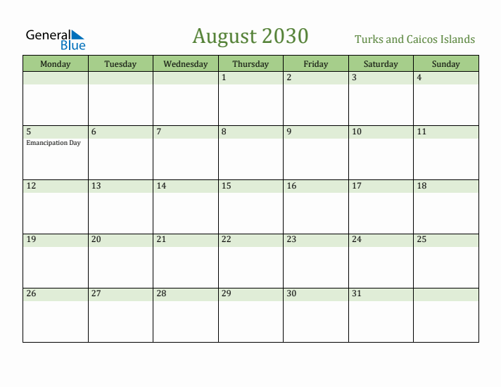 August 2030 Calendar with Turks and Caicos Islands Holidays