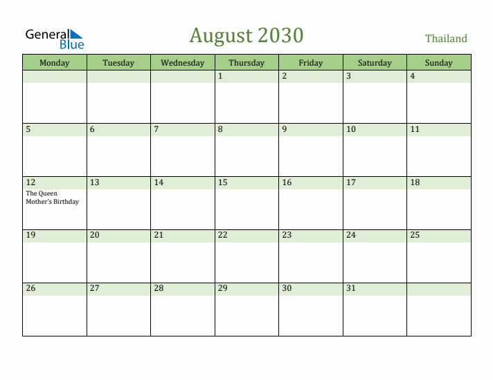 August 2030 Calendar with Thailand Holidays