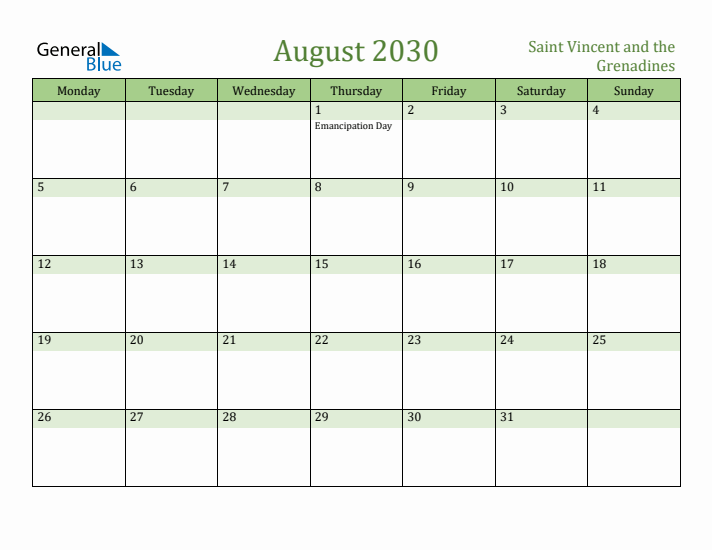 August 2030 Calendar with Saint Vincent and the Grenadines Holidays