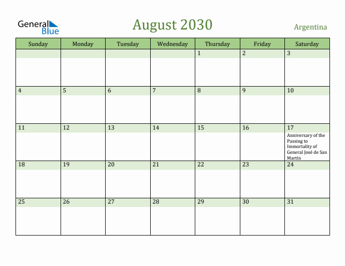 August 2030 Calendar with Argentina Holidays