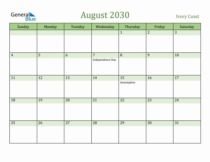 August 2030 Calendar with Ivory Coast Holidays