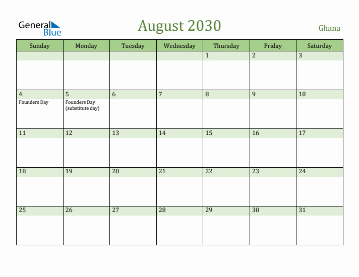 August 2030 Calendar with Ghana Holidays