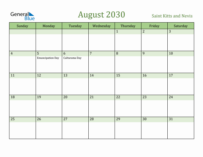 August 2030 Calendar with Saint Kitts and Nevis Holidays