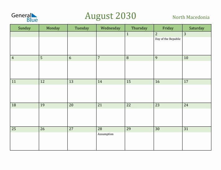 August 2030 Calendar with North Macedonia Holidays