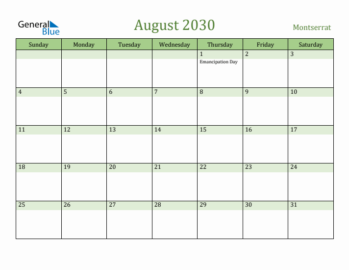 August 2030 Calendar with Montserrat Holidays