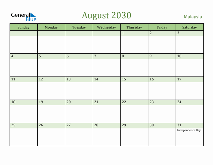 August 2030 Calendar with Malaysia Holidays