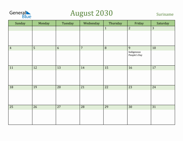 August 2030 Calendar with Suriname Holidays