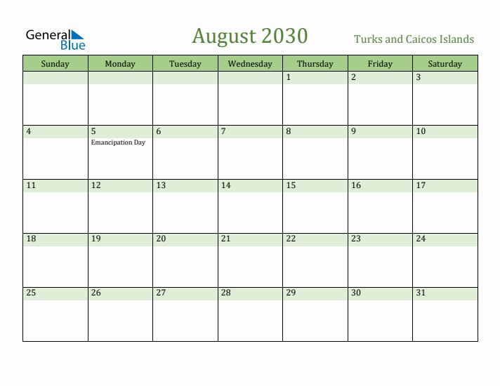 August 2030 Calendar with Turks and Caicos Islands Holidays