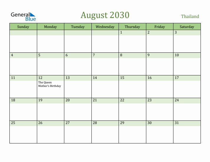 August 2030 Calendar with Thailand Holidays
