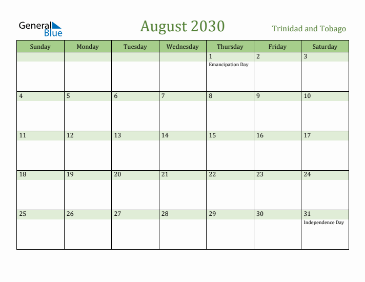 August 2030 Calendar with Trinidad and Tobago Holidays