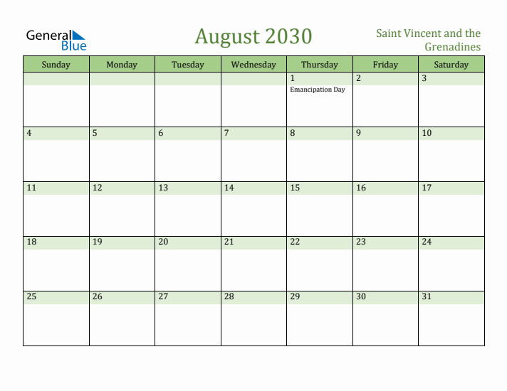August 2030 Calendar with Saint Vincent and the Grenadines Holidays