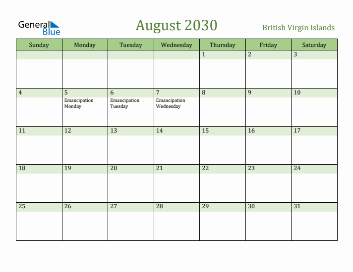 August 2030 Calendar with British Virgin Islands Holidays