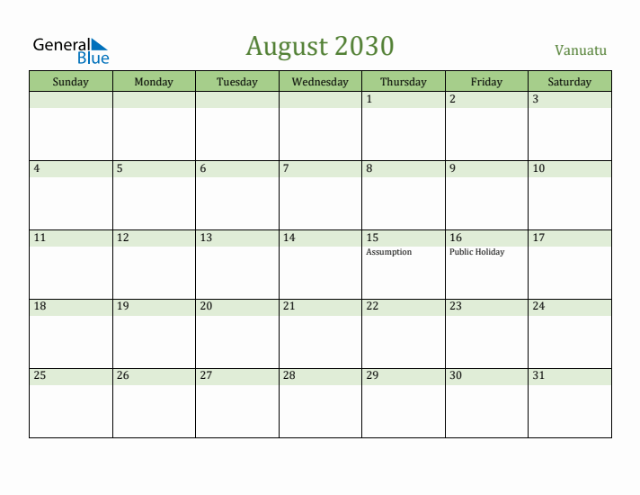 August 2030 Calendar with Vanuatu Holidays