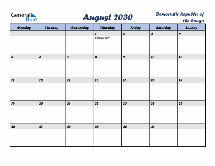 August 2030 Calendar with Holidays in Democratic Republic of the Congo