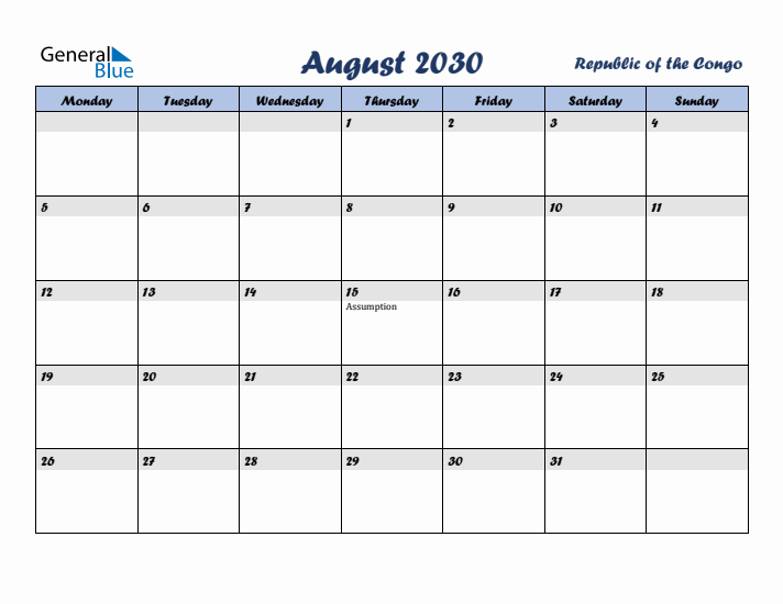 August 2030 Calendar with Holidays in Republic of the Congo