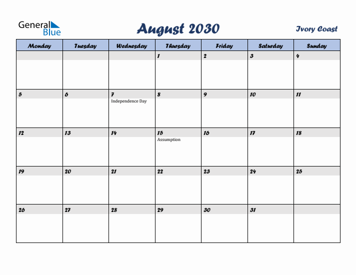 August 2030 Calendar with Holidays in Ivory Coast