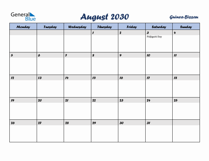 August 2030 Calendar with Holidays in Guinea-Bissau