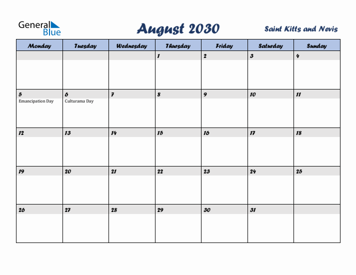 August 2030 Calendar with Holidays in Saint Kitts and Nevis