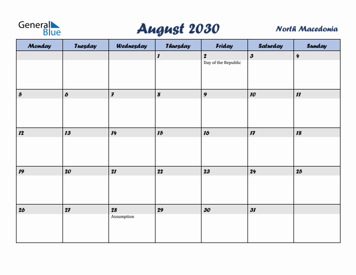 August 2030 Calendar with Holidays in North Macedonia