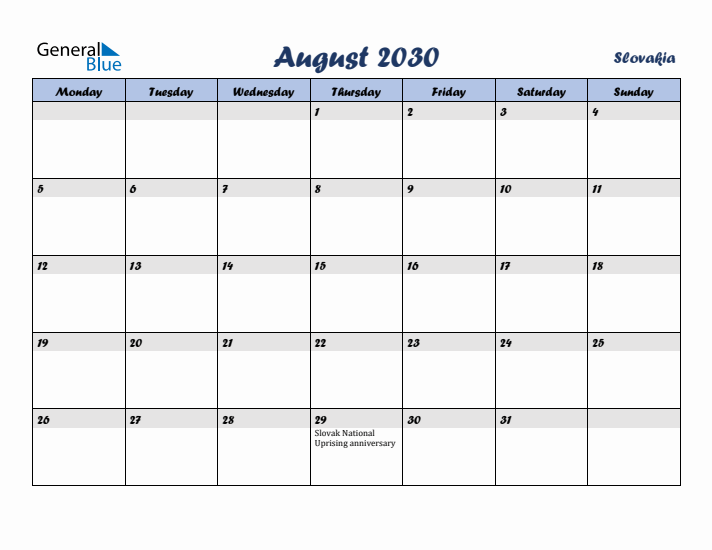 August 2030 Calendar with Holidays in Slovakia