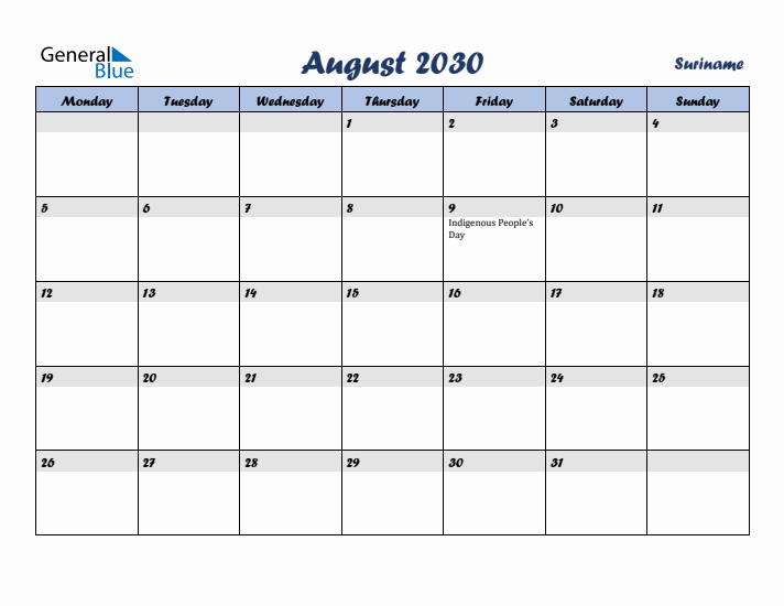 August 2030 Calendar with Holidays in Suriname