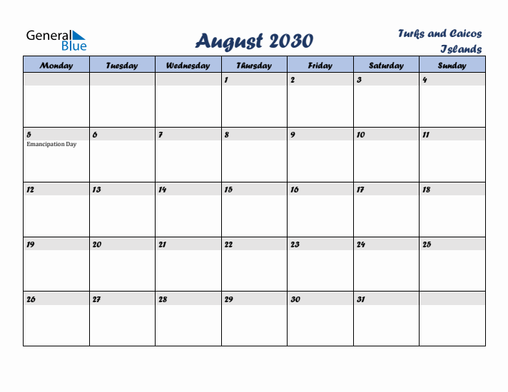 August 2030 Calendar with Holidays in Turks and Caicos Islands