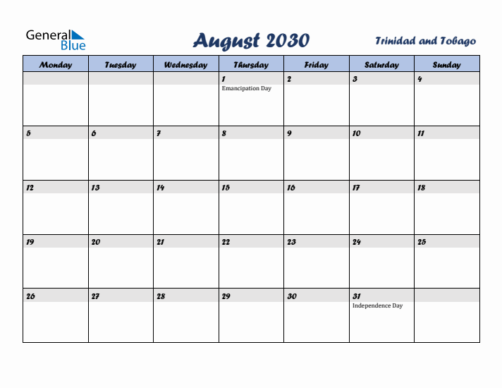 August 2030 Calendar with Holidays in Trinidad and Tobago