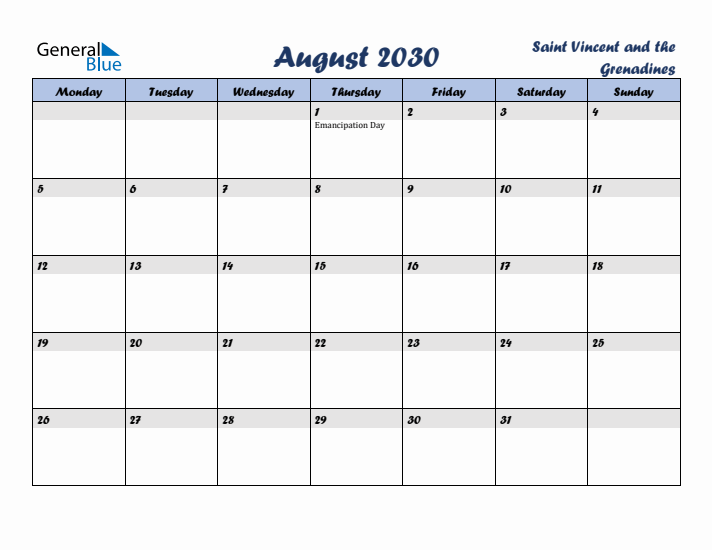 August 2030 Calendar with Holidays in Saint Vincent and the Grenadines