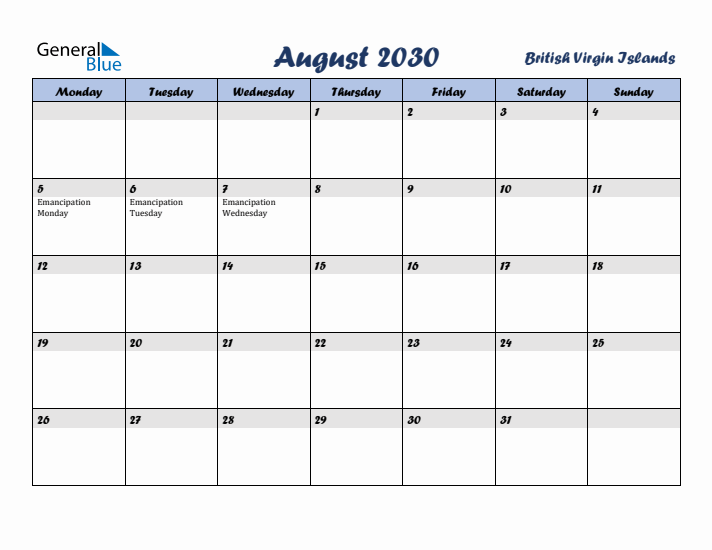 August 2030 Calendar with Holidays in British Virgin Islands