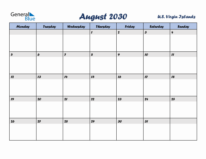 August 2030 Calendar with Holidays in U.S. Virgin Islands