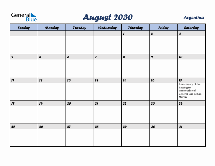 August 2030 Calendar with Holidays in Argentina