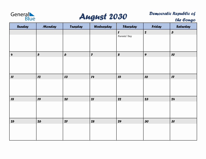 August 2030 Calendar with Holidays in Democratic Republic of the Congo