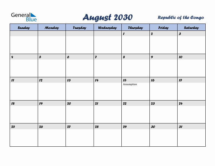 August 2030 Calendar with Holidays in Republic of the Congo
