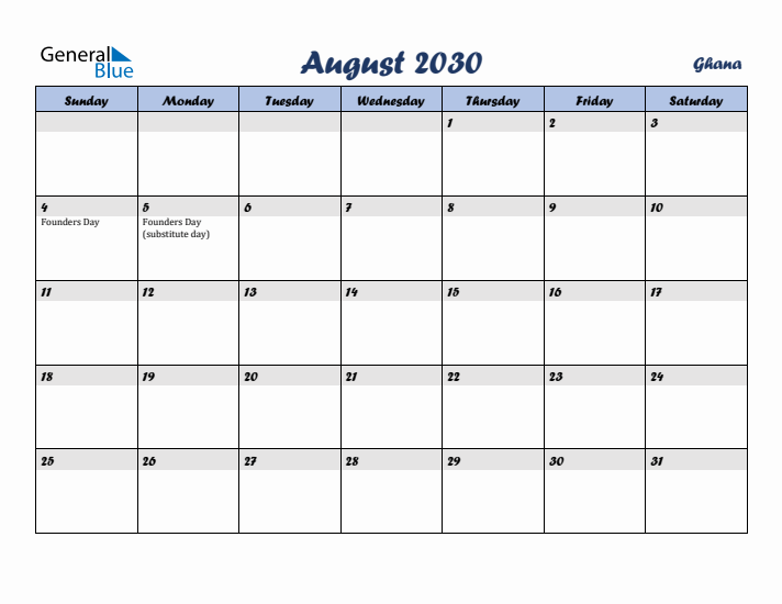 August 2030 Calendar with Holidays in Ghana