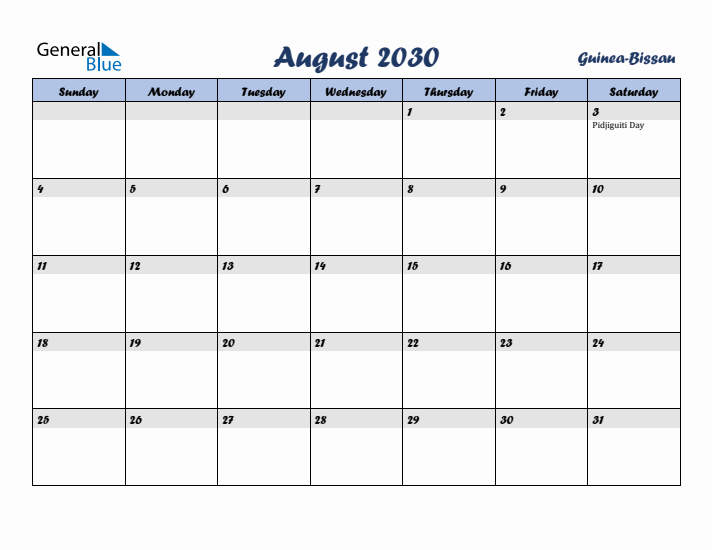 August 2030 Calendar with Holidays in Guinea-Bissau