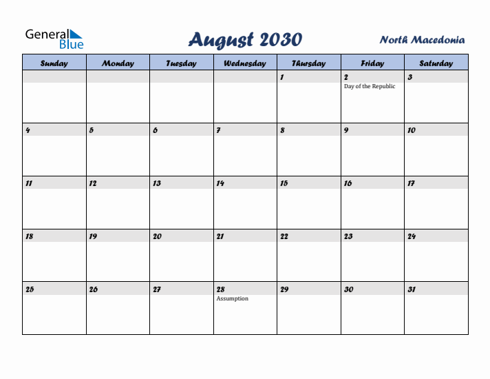August 2030 Calendar with Holidays in North Macedonia
