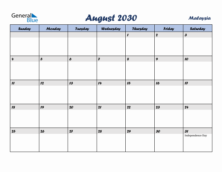 August 2030 Calendar with Holidays in Malaysia
