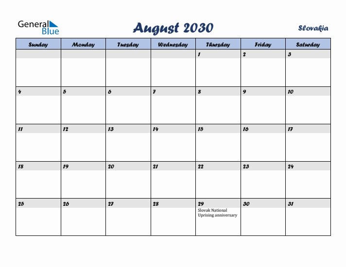 August 2030 Calendar with Holidays in Slovakia