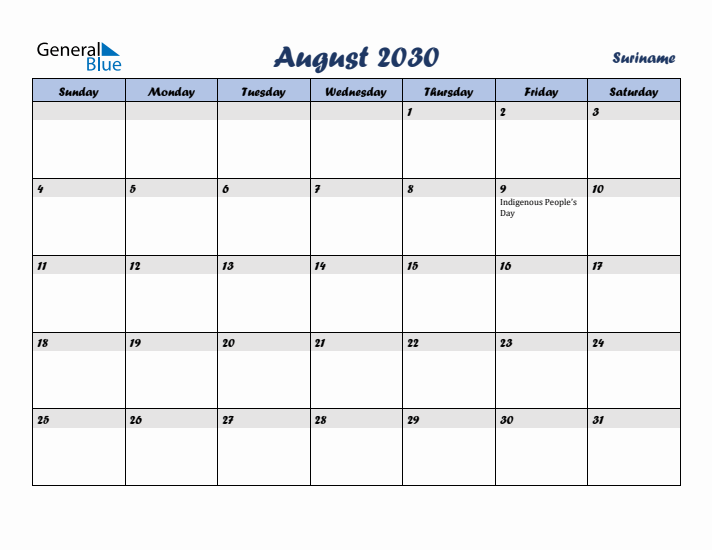 August 2030 Calendar with Holidays in Suriname