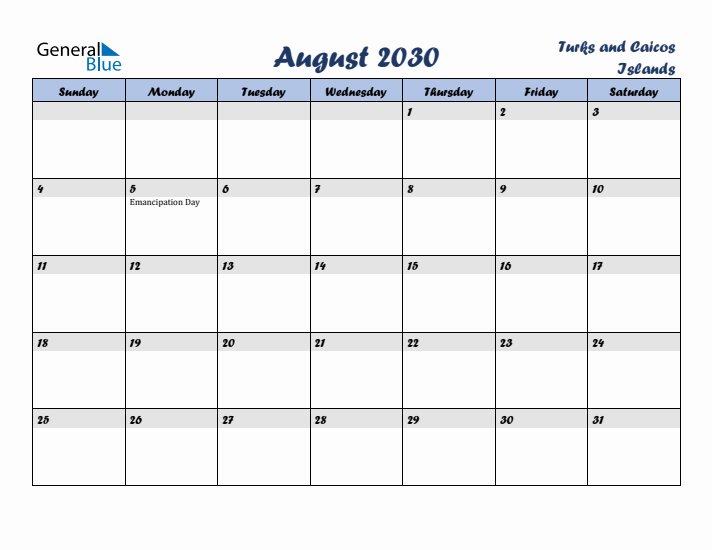 August 2030 Calendar with Holidays in Turks and Caicos Islands