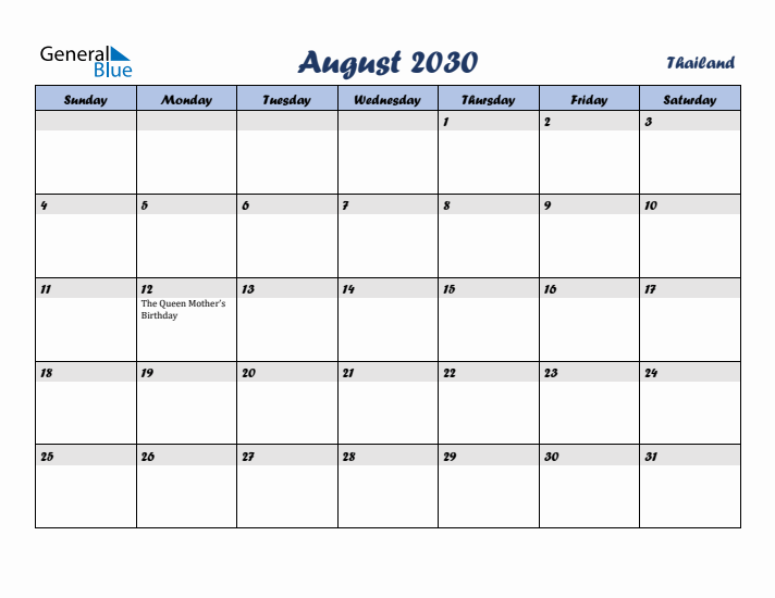 August 2030 Calendar with Holidays in Thailand