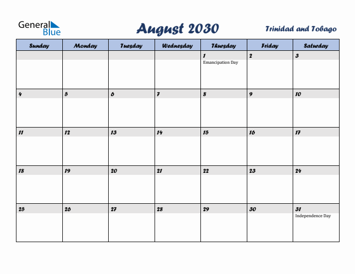 August 2030 Calendar with Holidays in Trinidad and Tobago