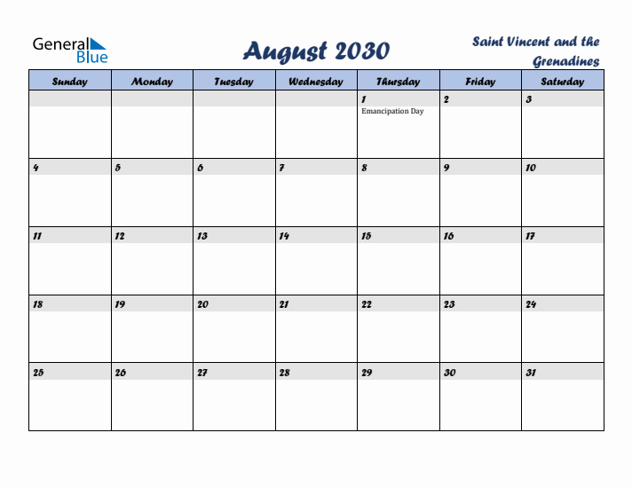 August 2030 Calendar with Holidays in Saint Vincent and the Grenadines