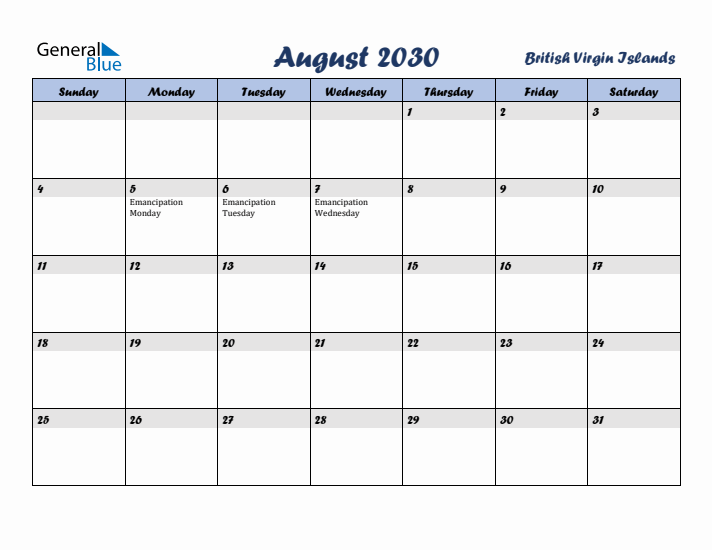 August 2030 Calendar with Holidays in British Virgin Islands