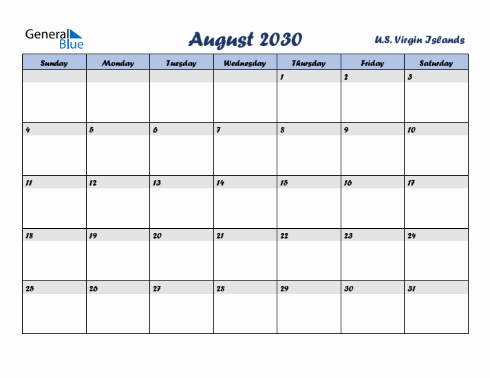 August 2030 Calendar with Holidays in U.S. Virgin Islands
