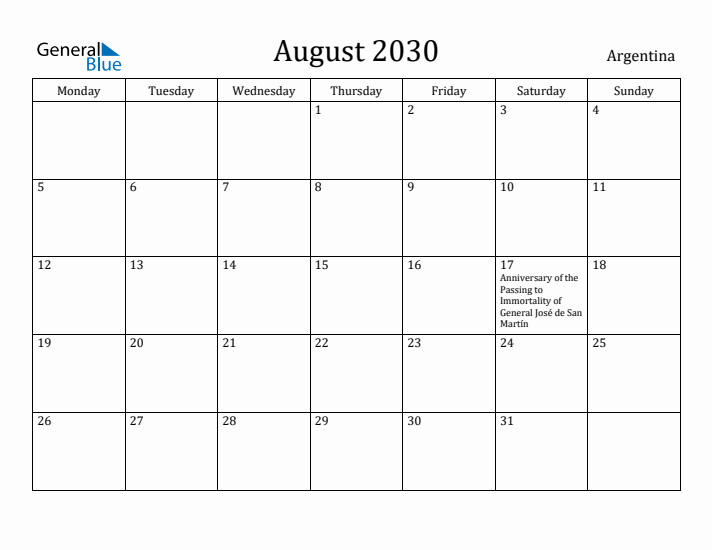 August 2030 Calendar Argentina